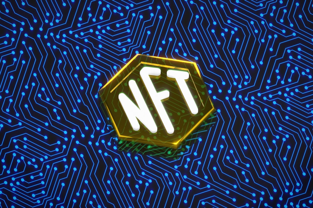 "NFT" text on a hexagon with a digital circuit background.