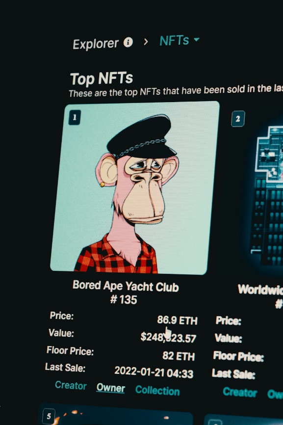 Screen showing a Bored Ape Yacht Club NFT with pricing and details on a digital marketplace.