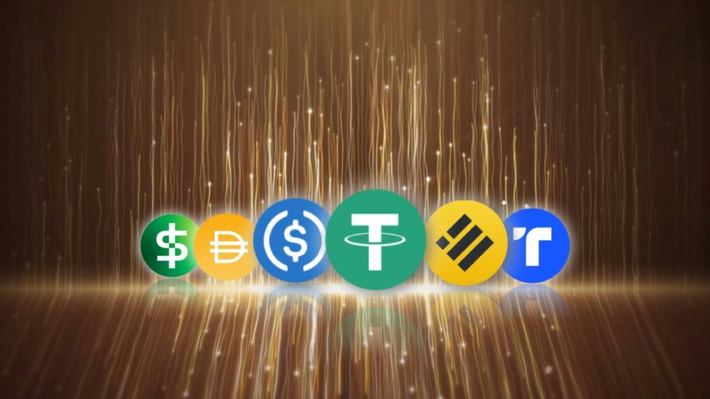 stablecoins The logos of various stablecoins.