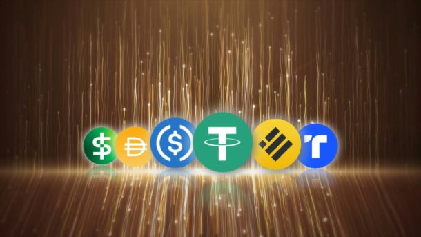 The logos of various stablecoins.